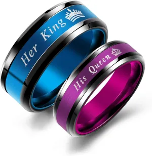 Couple Rings Purple His Queen Crown Stainless Steel Promise Rings Wedding Engagement Band (Her Size 11)