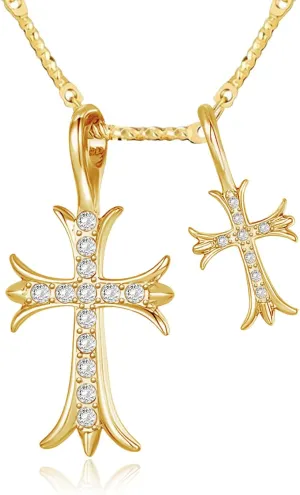 Cross Necklace for Women14K Gold Plated Double Cross Pendant Diamond Necklace Teen Men Religious Gifts-Gold