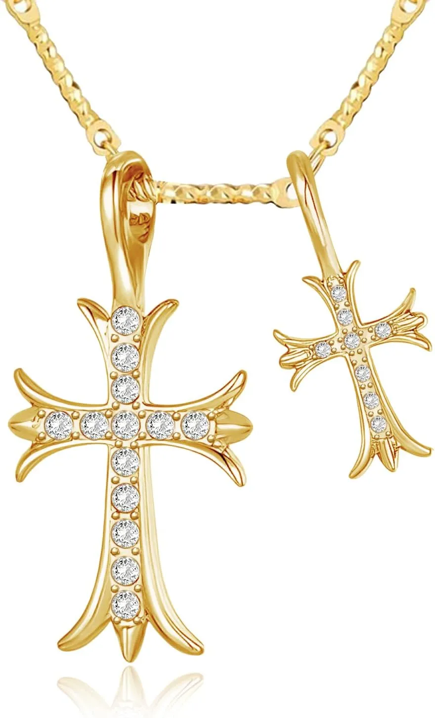 Cross Necklace for Women14K Gold Plated Double Cross Pendant Diamond Necklace Teen Men Religious Gifts-Gold