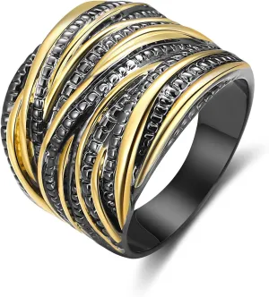 Cross Rings for Women, Chunky Silver Statement Rings Gold Rings Vintage 2 Tone 14K Gold Plated Ring Intertwined Wide Band Costume Jewelry