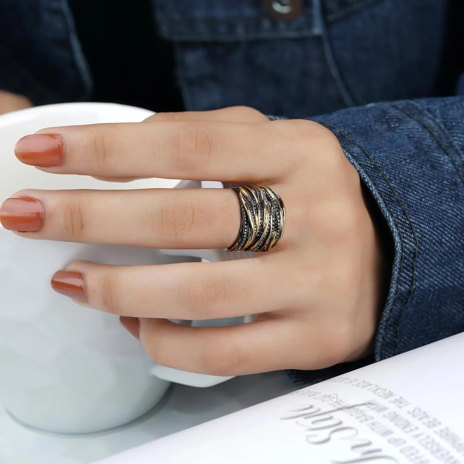 Cross Rings for Women, Chunky Silver Statement Rings Gold Rings Vintage 2 Tone 14K Gold Plated Ring Intertwined Wide Band Costume Jewelry
