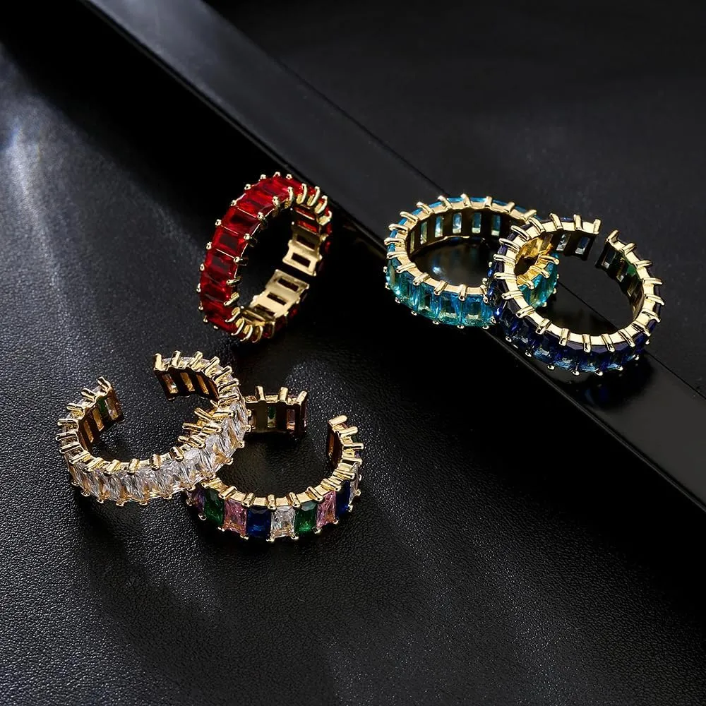 Cubic Zirconia Baguette Open Adjustable Ring Crystal Princess Cut Rectangle Stacking Statement Finger Bands Eternity Rings Luxury Jewelry Gifts for Women Bff