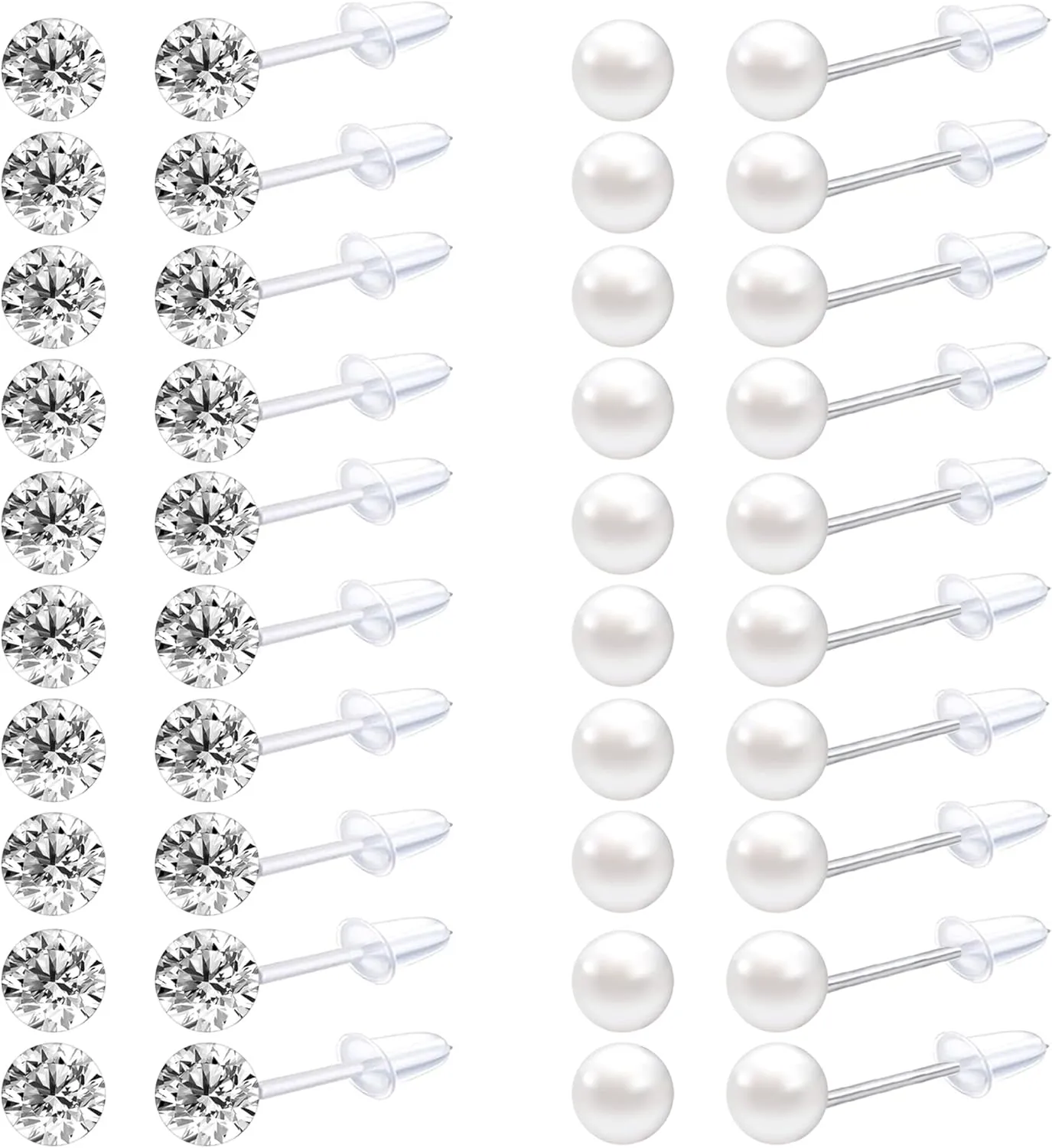 Cubic Zirconia Pearl Earrings - Plastic Post Stud Earrings for Sensitive Ears