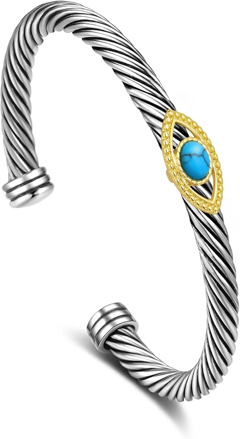 Cuff Bracelet for Women Evil Eye Bangle - Cable Twisted Bracelets Two Tone Bangle - Black Crystal Evil Eye Silver Designer Bracelets Jewelry Gifts