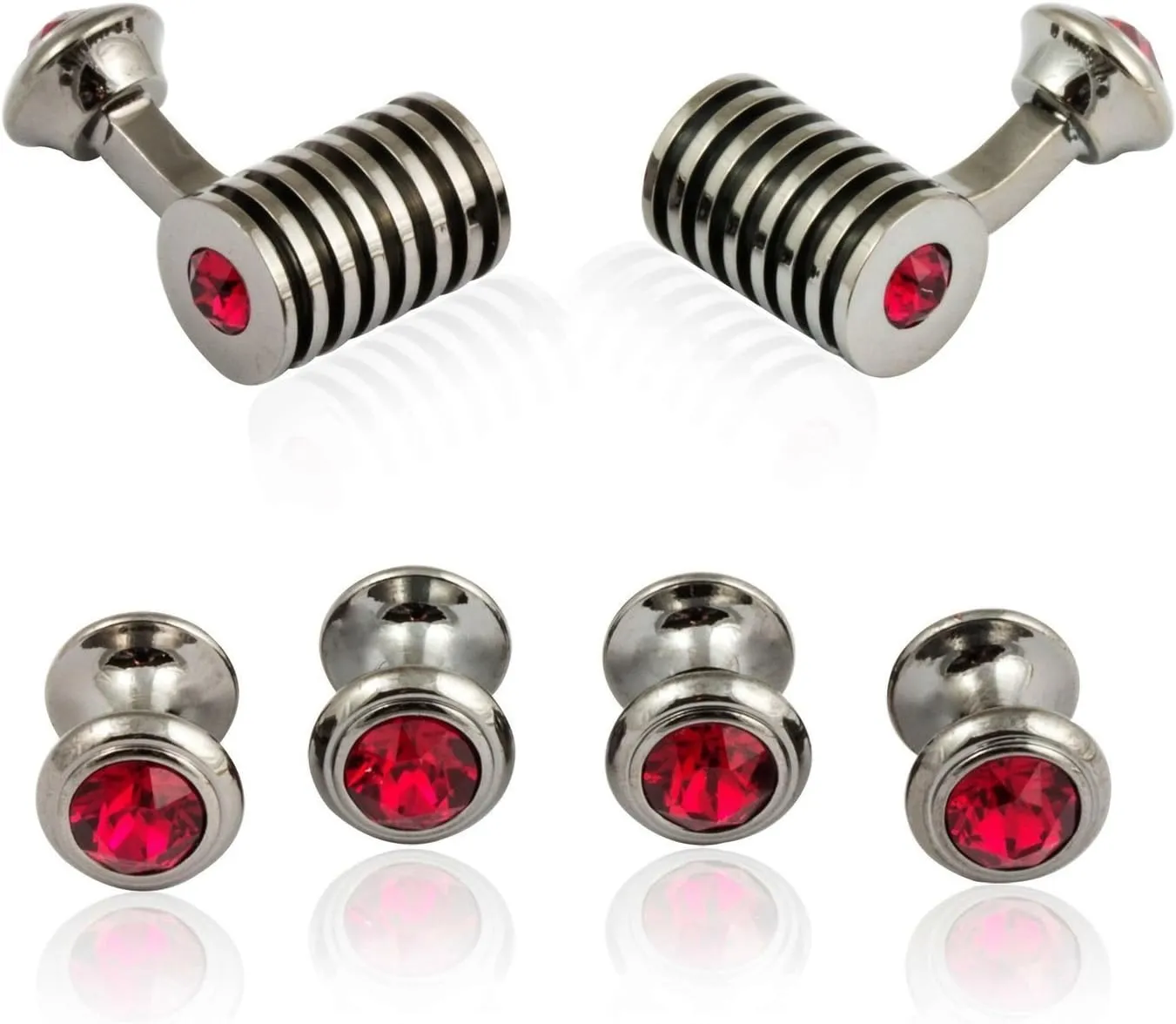 Cuff-Daddy Gunmetal Ruby Red Barrel Crystal Cufflinks and Studs Formal Set with Jewelry Presentation Box Storage Travel Special Occasions Handmade Cufflinks & Shirt Accessories Business