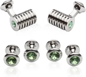 Cuff-Daddy Silver Peridot Green Crystal Barrel Formal Set Tuxedo Cufflinks Studs with Presentation Gift Box - Perfect for Travel