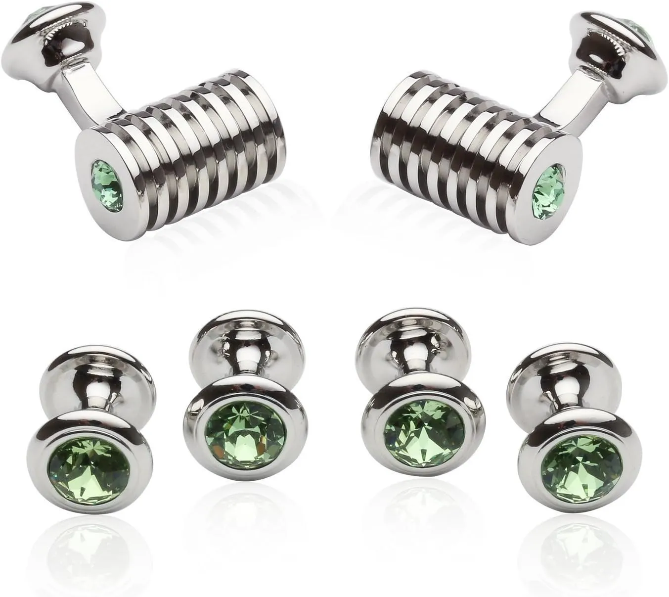 Cuff-Daddy Silver Peridot Green Crystal Barrel Formal Set Tuxedo Cufflinks Studs with Presentation Gift Box - Perfect for Travel