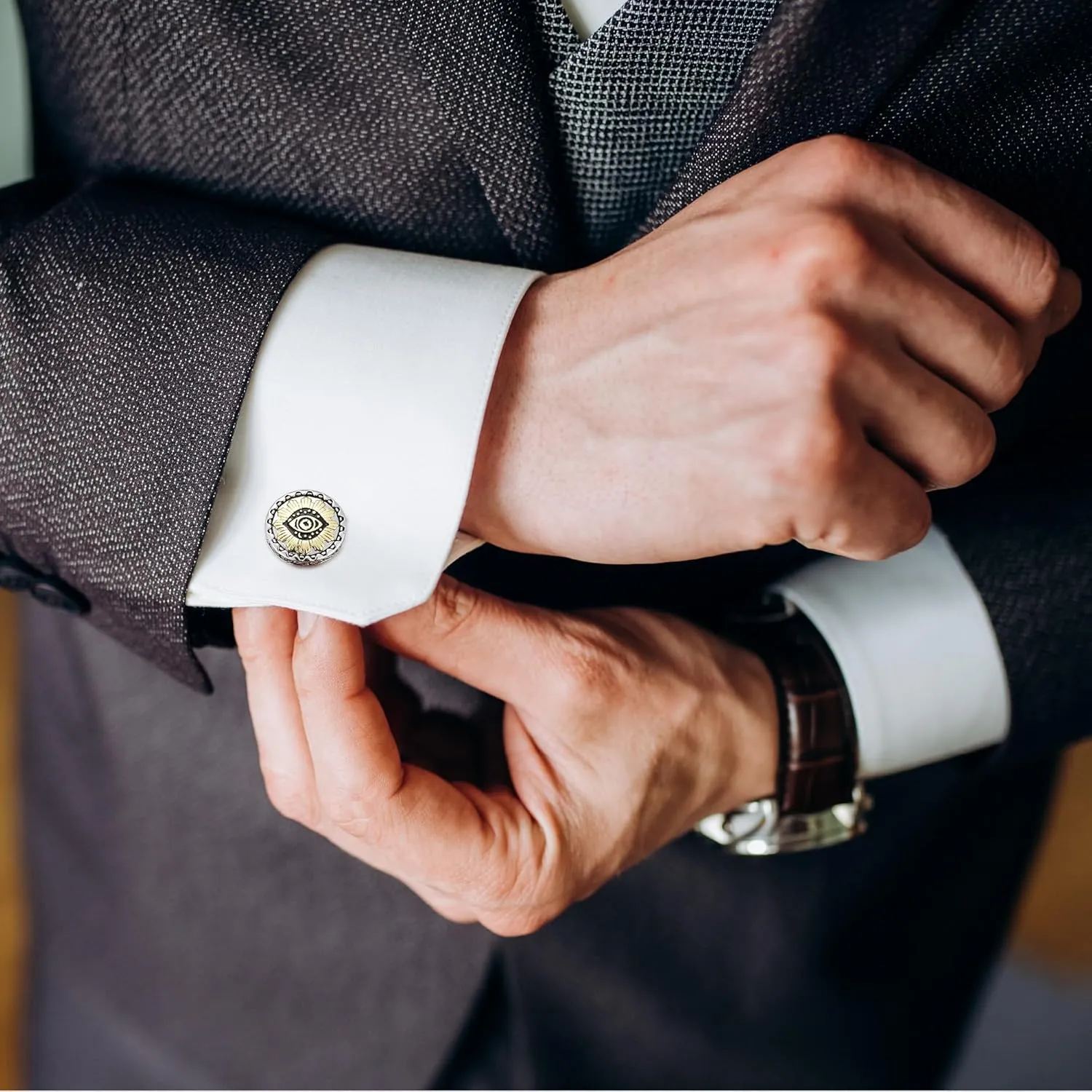 Cuff Links Mens, Cufflinks for Men, Men's Cuff Links for Wedding, Business, Father's Day, Gift for Men, 18K Gold Plated with Luxury Wooden Gift Box