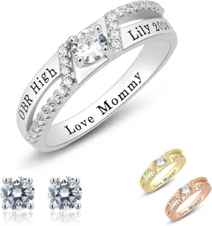 Custom Class Rings - Fully Personalized Women's High School Graduation Rings, Size 5-15, Sterling Silver with Cubic Zirconia Birthstone