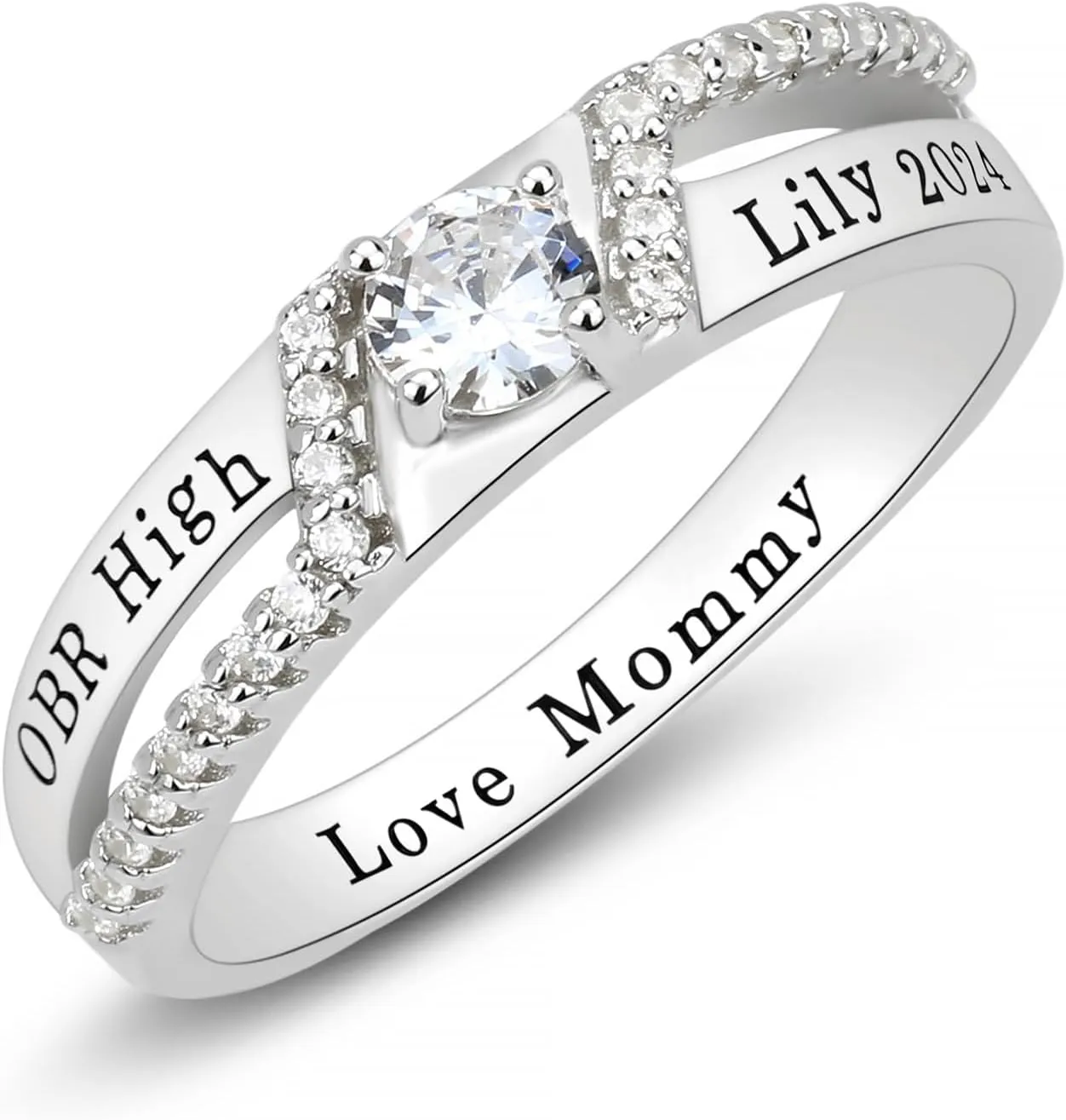 Custom Class Rings - Fully Personalized Women's High School Graduation Rings, Size 5-15, Sterling Silver with Cubic Zirconia Birthstone