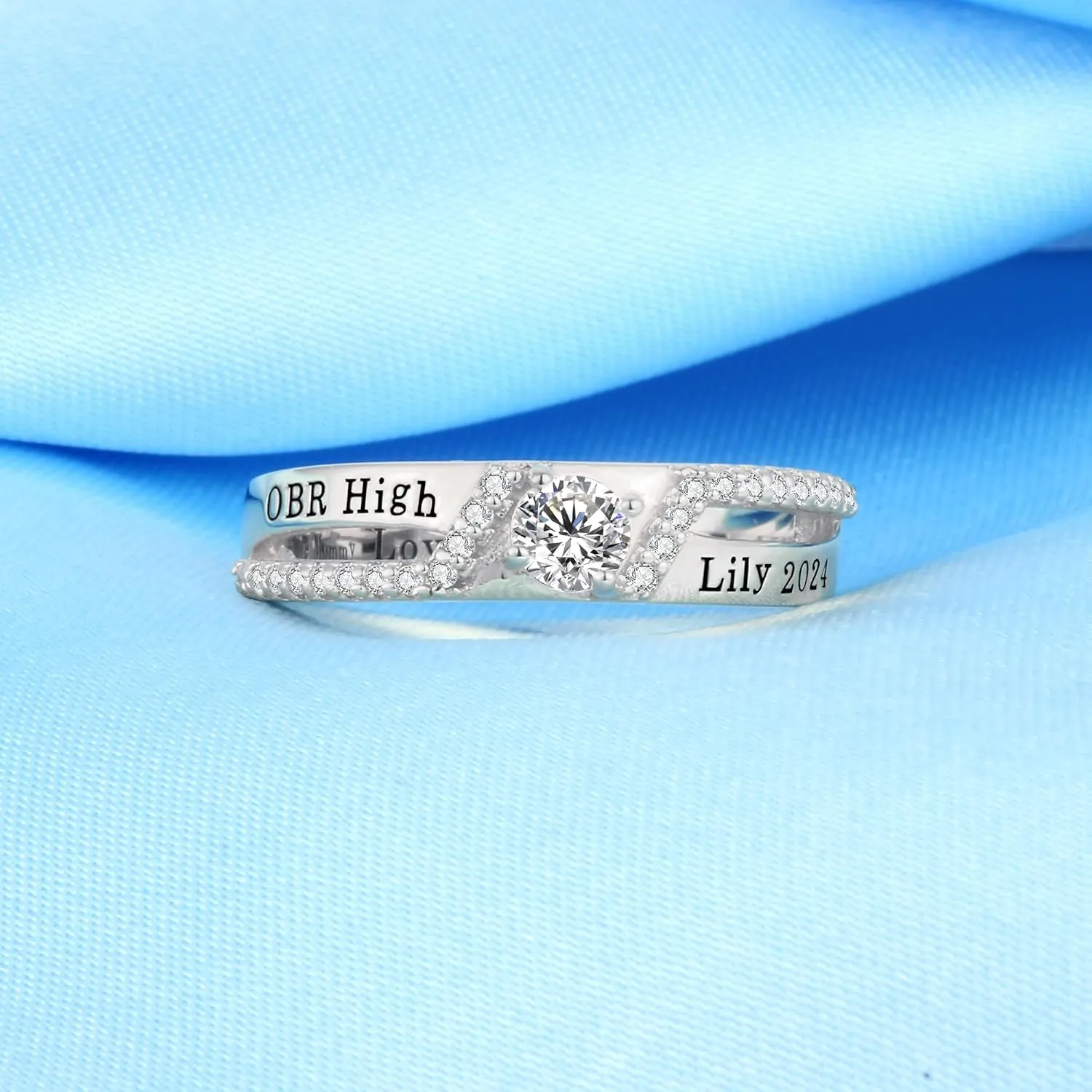 Custom Class Rings - Fully Personalized Women's High School Graduation Rings, Size 5-15, Sterling Silver with Cubic Zirconia Birthstone