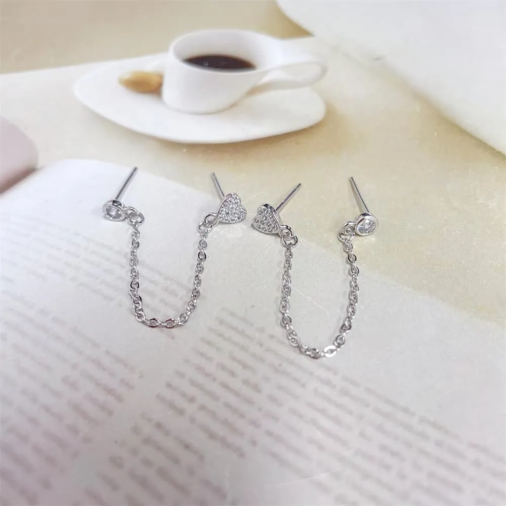 Cute Heart Double Piercing Cuff Wrap Climber Crawler Cartilage Round CZ Small Stud Earrings With Chain for Women Two Holes Dainty Minimalist Love Earring Hypoallergenic Fashion Jewelry for Her Bff