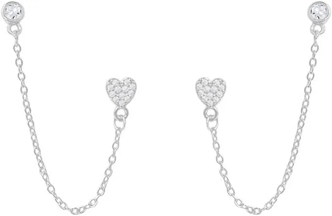 Cute Heart Double Piercing Cuff Wrap Climber Crawler Cartilage Round CZ Small Stud Earrings With Chain for Women Two Holes Dainty Minimalist Love Earring Hypoallergenic Fashion Jewelry for Her Bff