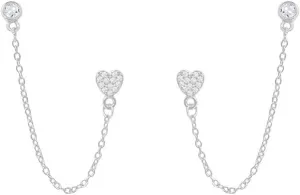 Cute Heart Double Piercing Cuff Wrap Climber Crawler Cartilage Round CZ Small Stud Earrings With Chain for Women Two Holes Dainty Minimalist Love Earring Hypoallergenic Fashion Jewelry for Her Bff