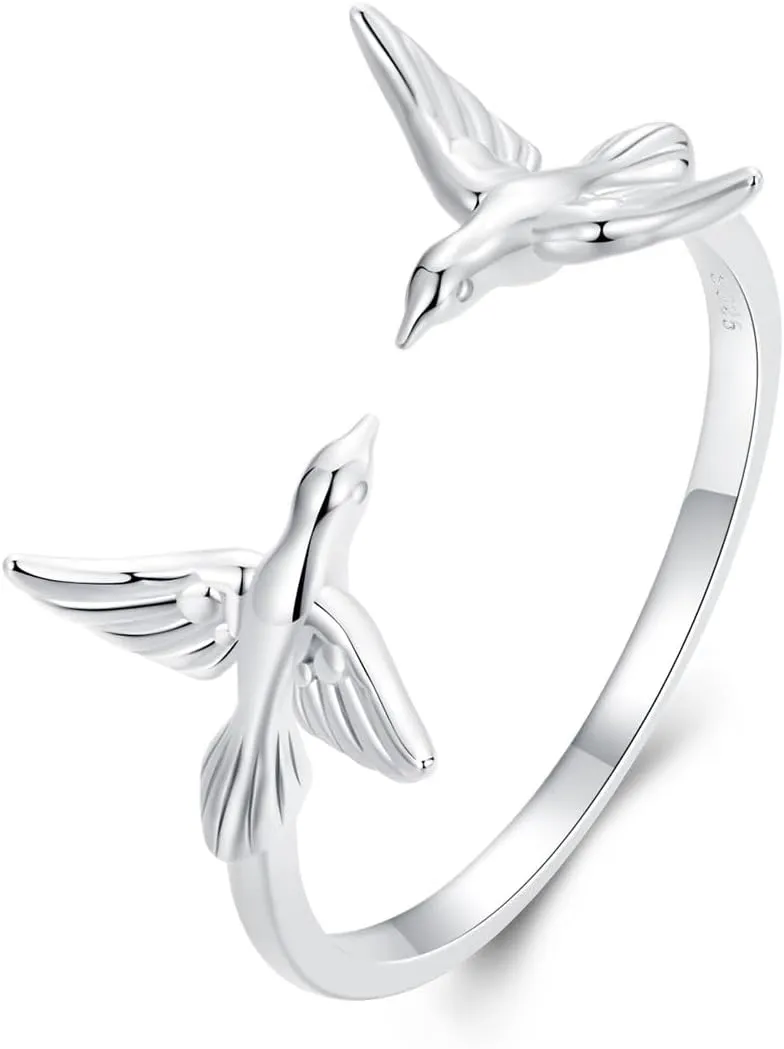 Cute Hummingbird Stacking Open Ring for Women 925 Sterling Silver Flying Bird Animal Adjustable Statement Wrap Finger Bands Eternity Promise Rings Dainty Jewelry Gifts Birthday