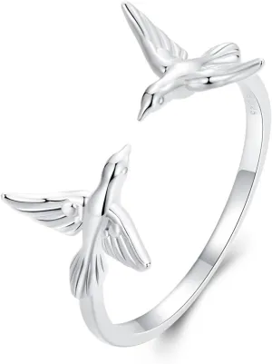 Cute Hummingbird Stacking Open Ring for Women 925 Sterling Silver Flying Bird Animal Adjustable Statement Wrap Finger Bands Eternity Promise Rings Dainty Jewelry Gifts Birthday