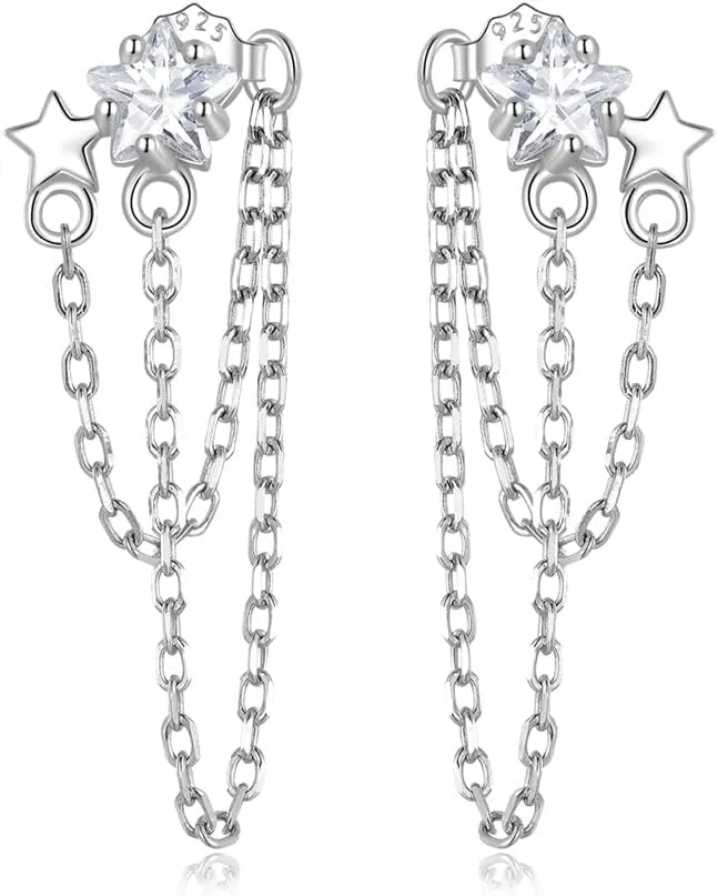 Cute Stars Tassel Earrings 925 Sterling Silver Chain Dangle Drop Earring for Women Girls Hypoallergenic Cubic Zirconia Shooting Star Studs Fashion Exquisite Lightweight Jewelry Gifts Christmas Birthday