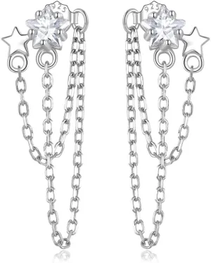Cute Stars Tassel Earrings 925 Sterling Silver Chain Dangle Drop Earring for Women Girls Hypoallergenic Cubic Zirconia Shooting Star Studs Fashion Exquisite Lightweight Jewelry Gifts Christmas Birthday
