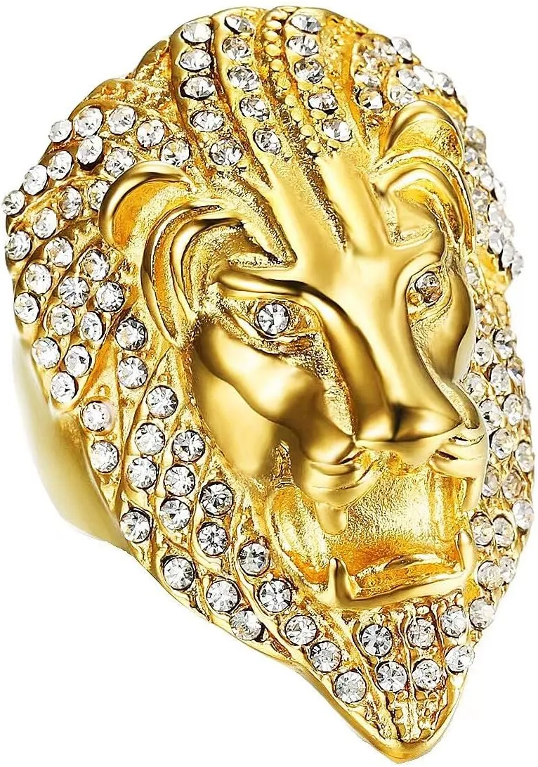 CZ diamond eyes Lion head Rings for men Lion King Simba Style Radiant Biker 316 Stainless Steel Rings Iced Out Jewelry Punk Ring Hip Hop ring Heavy Metal Ring Vintage Animal style mens fashion rings Plated gold
