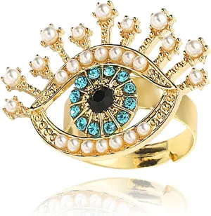 CZ Evil Eye Statement Rings for Women Gold Plated Cubic Zirconia Imitation Pearl Adjustable Expandable Boho Open Band Finger Rings Birthday Party Jewelry Gift