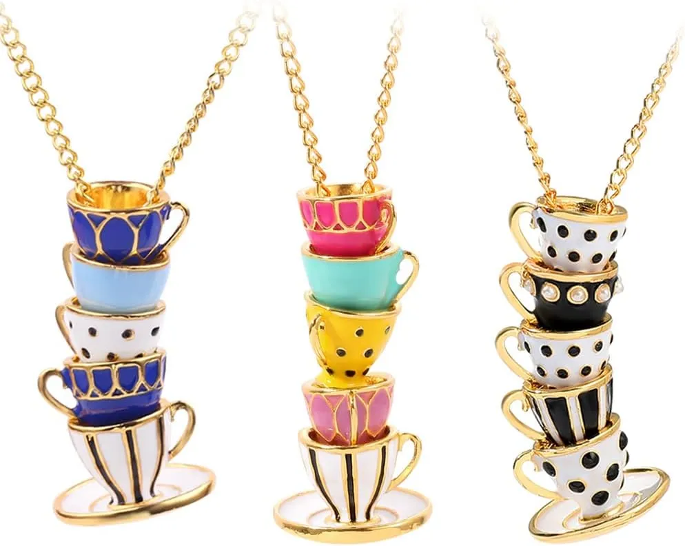 Dainty Funny Stacked Enamel Teacup Necklace, 3D Interlock Teapot Coffee Tea Cup Pendant Elegant Teacup Long Sweater Necklace for Women