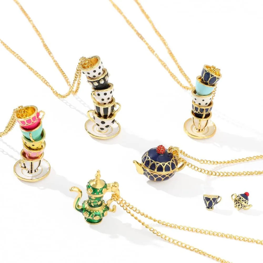 Dainty Funny Stacked Enamel Teacup Necklace, 3D Interlock Teapot Coffee Tea Cup Pendant Elegant Teacup Long Sweater Necklace for Women