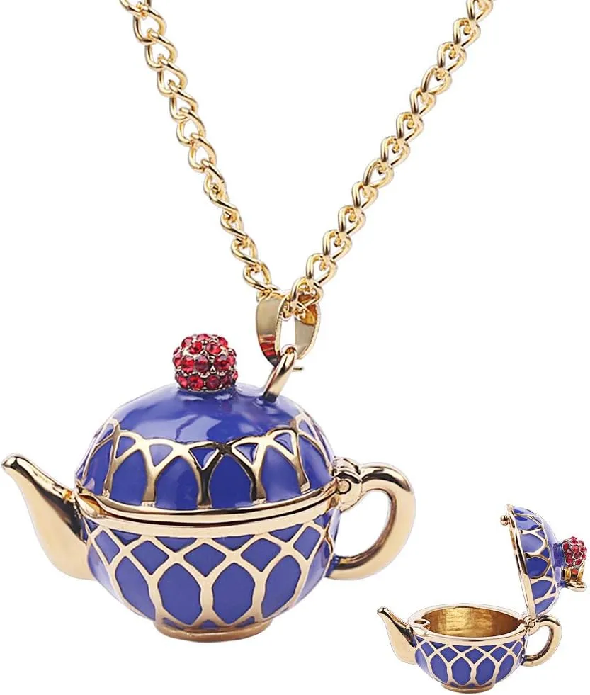 Dainty Funny Stacked Enamel Teacup Necklace, 3D Interlock Teapot Coffee Tea Cup Pendant Elegant Teacup Long Sweater Necklace for Women