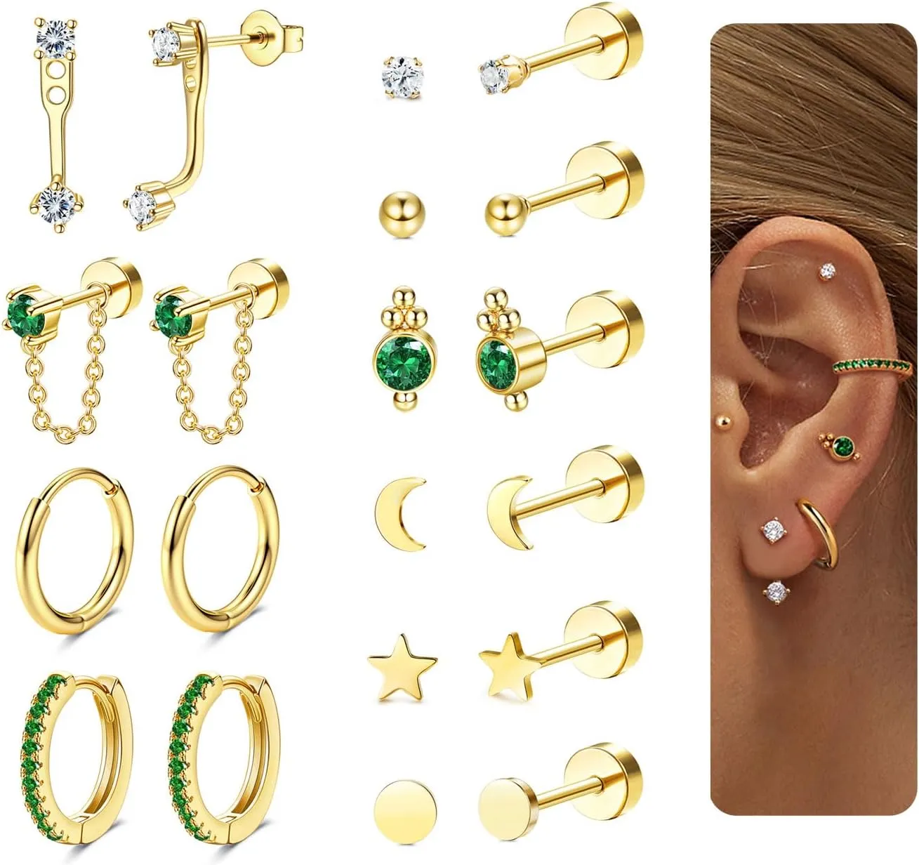 Dainty Gold Flat Back Earrings Hypoallergenic Cartilage Earring Sets for Multiple Piercing 20G Surgical Stainless Steel Earrings Trendy Earring Stacks Small Hoop Flatback Stud Earrings