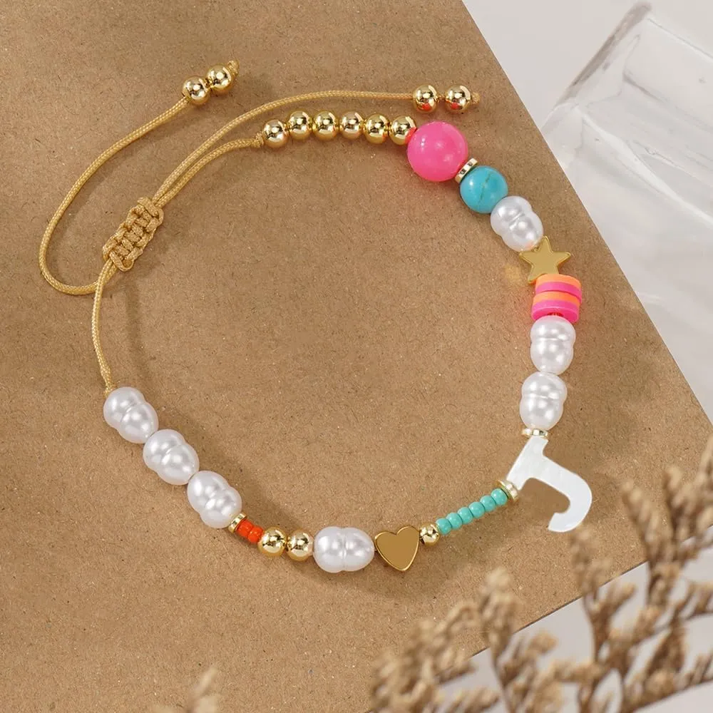Dainty Heart A-Z Initial Pearl Bracelets for Women,Gold Beaded Adjustable Bracelet Statement Fashion Birthday Jewelry Gift Friendship