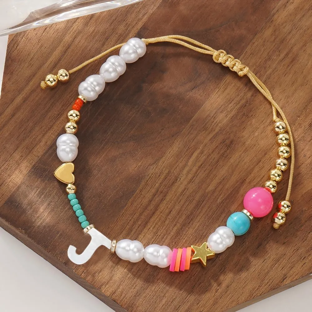 Dainty Heart A-Z Initial Pearl Bracelets for Women,Gold Beaded Adjustable Bracelet Statement Fashion Birthday Jewelry Gift Friendship