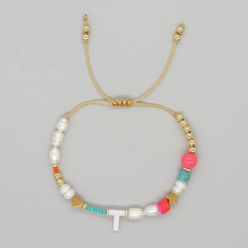 Dainty Heart A-Z Initial Pearl Bracelets for Women,Gold Beaded Adjustable Bracelet Statement Fashion Birthday Jewelry Gift Friendship