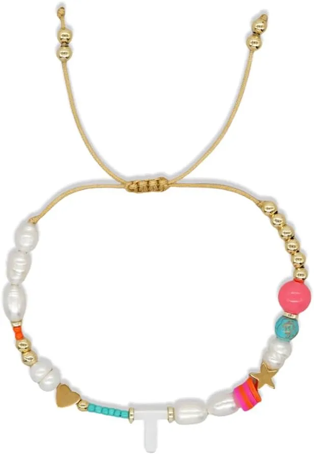 Dainty Heart A-Z Initial Pearl Bracelets for Women,Gold Beaded Adjustable Bracelet Statement Fashion Birthday Jewelry Gift Friendship