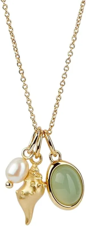 Dainty Seashell Pearl Pendant Necklace for Women 14k Gold Plated Vintage Elegant Green Aventurine Jade Charm Natural Stone Boho Shell Cowrie Choker Adjustable Chain Necklaces Summer Beach Jewelry Birthday Daughter Gifts