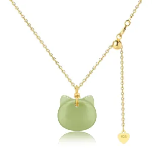 DAUMIER Green Jade Pendant Cat Necklace for Women Girls Lucky Jewelry Gold