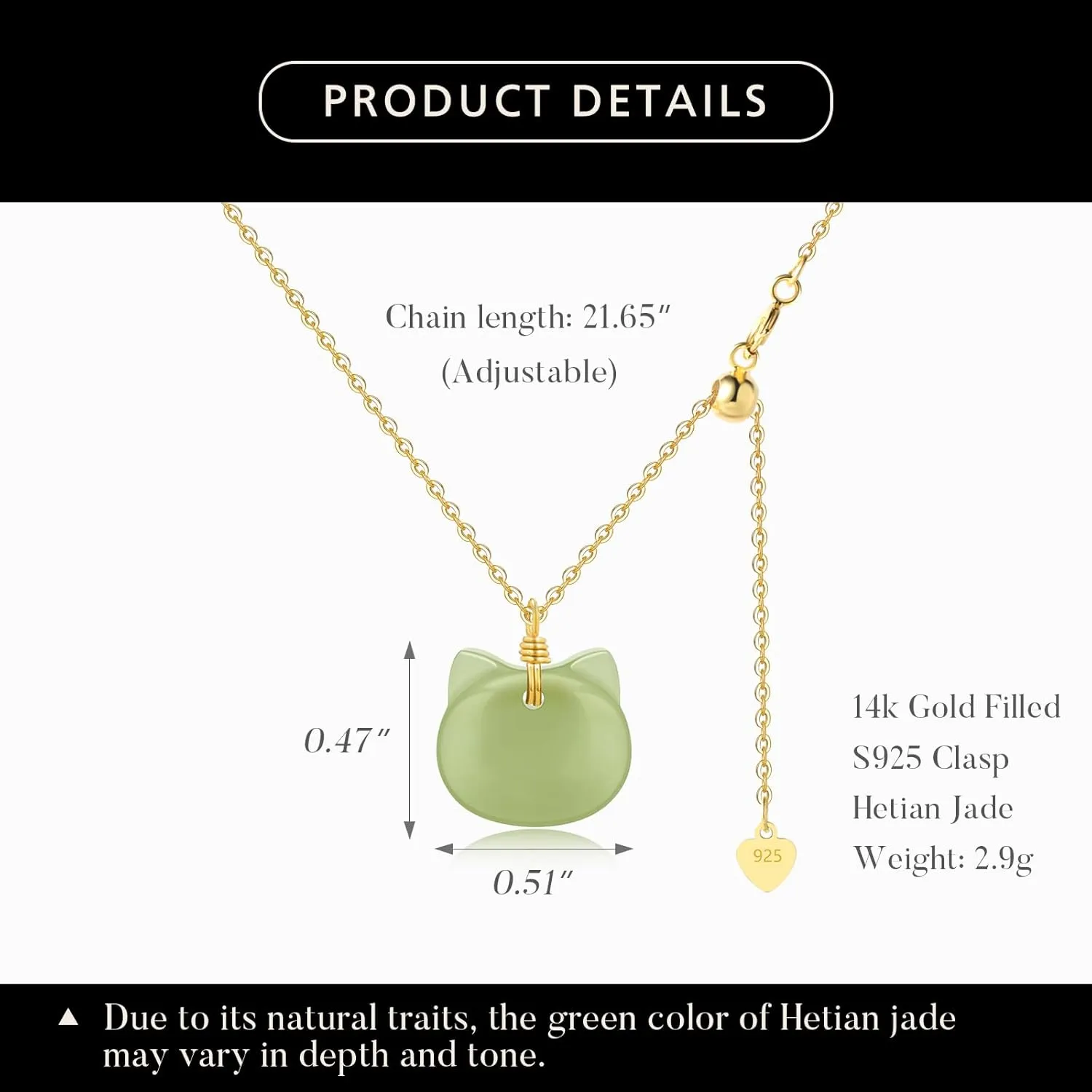 DAUMIER Green Jade Pendant Cat Necklace for Women Girls Lucky Jewelry Gold