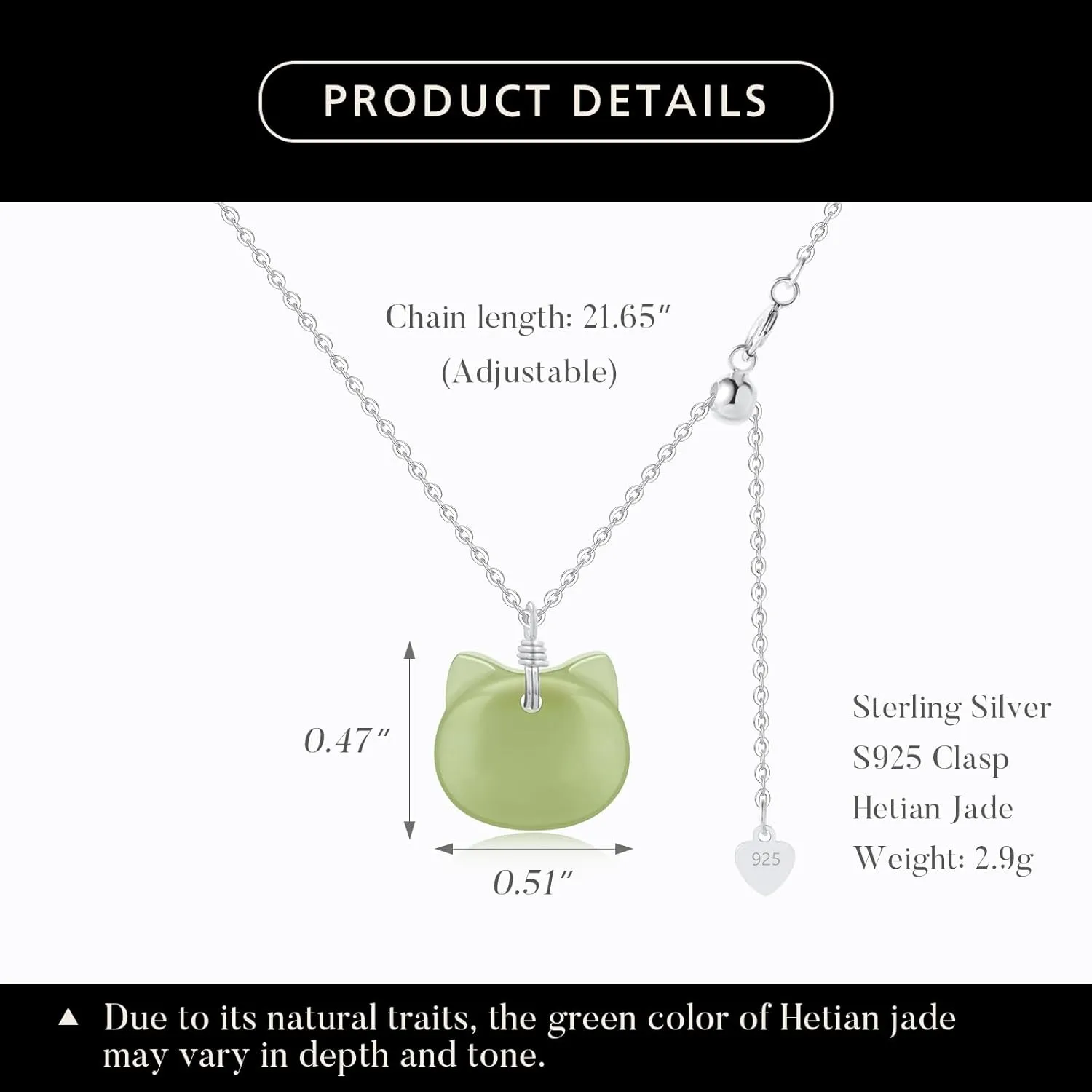 DAUMIER Green Jade Pendant Cat Necklace for Women Girls Lucky Jewelry Silver