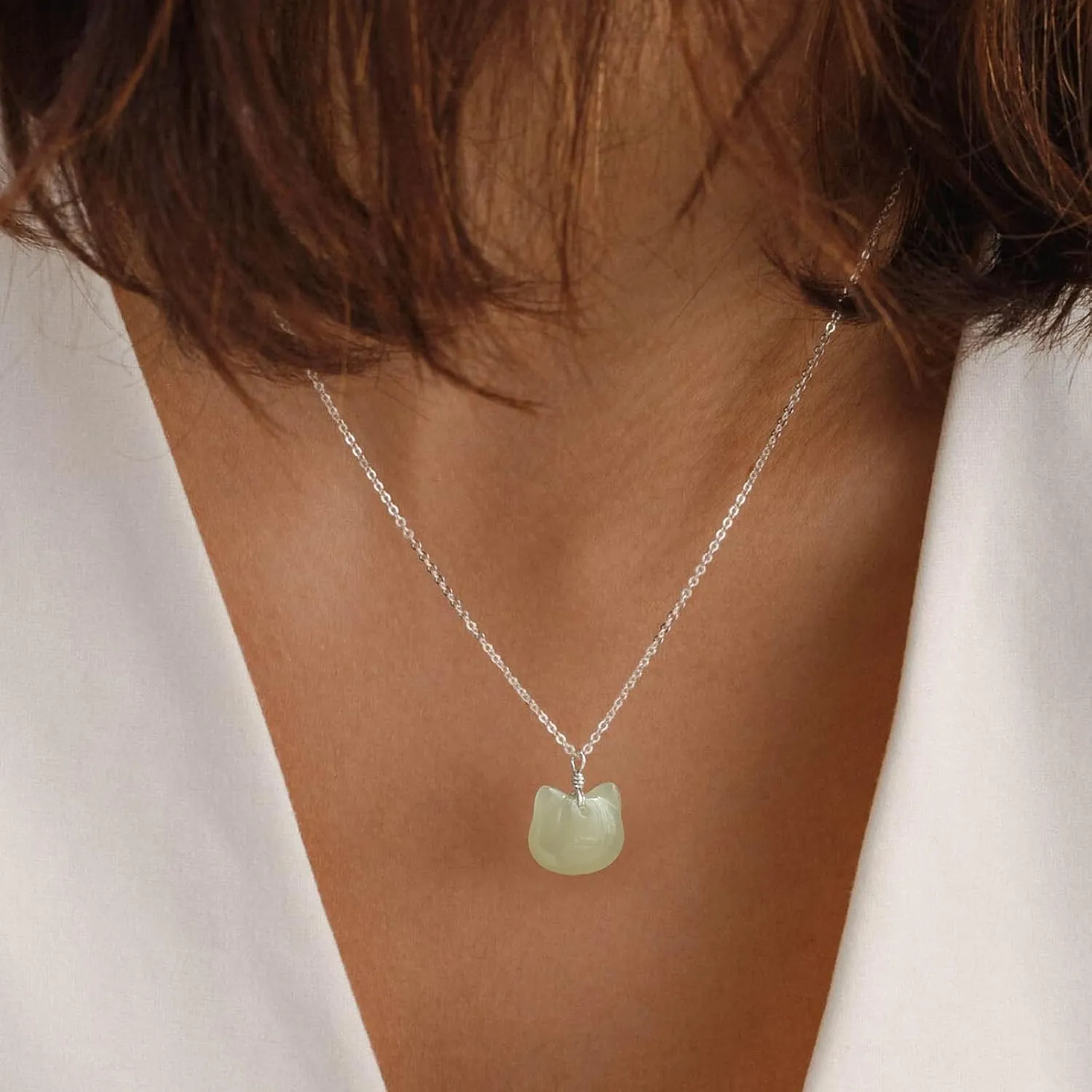 DAUMIER Green Jade Pendant Cat Necklace for Women Girls Lucky Jewelry Silver