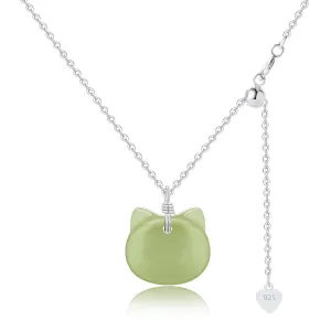DAUMIER Green Jade Pendant Cat Necklace for Women Girls Lucky Jewelry Silver