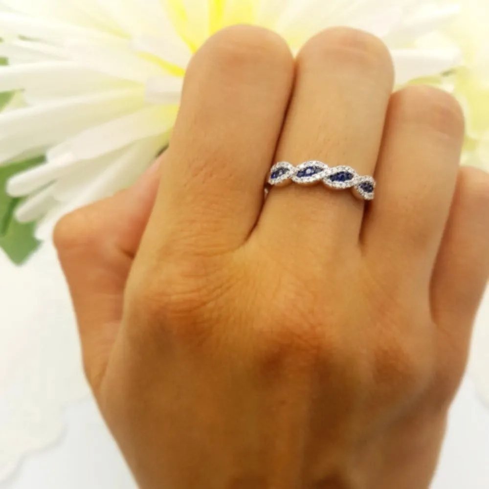 Dazzlingrock Collection Round Blue Sapphire & White Diamond Swirl Stackable Anniversary Ring for Women in Solid Gold