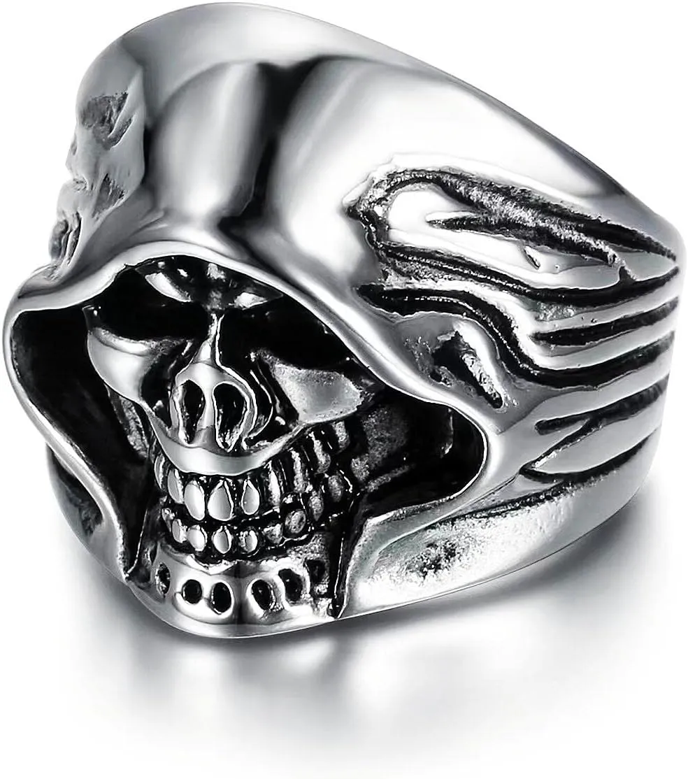 Death Grim Reaper Skull Rings for men Gothic Witcher style 316 Stainless Steel Rings Iced Out Jewelry Punk Ring Cocktail Party Ring Vintage Gothic Devil Demon Skull Style mens fashion rings
