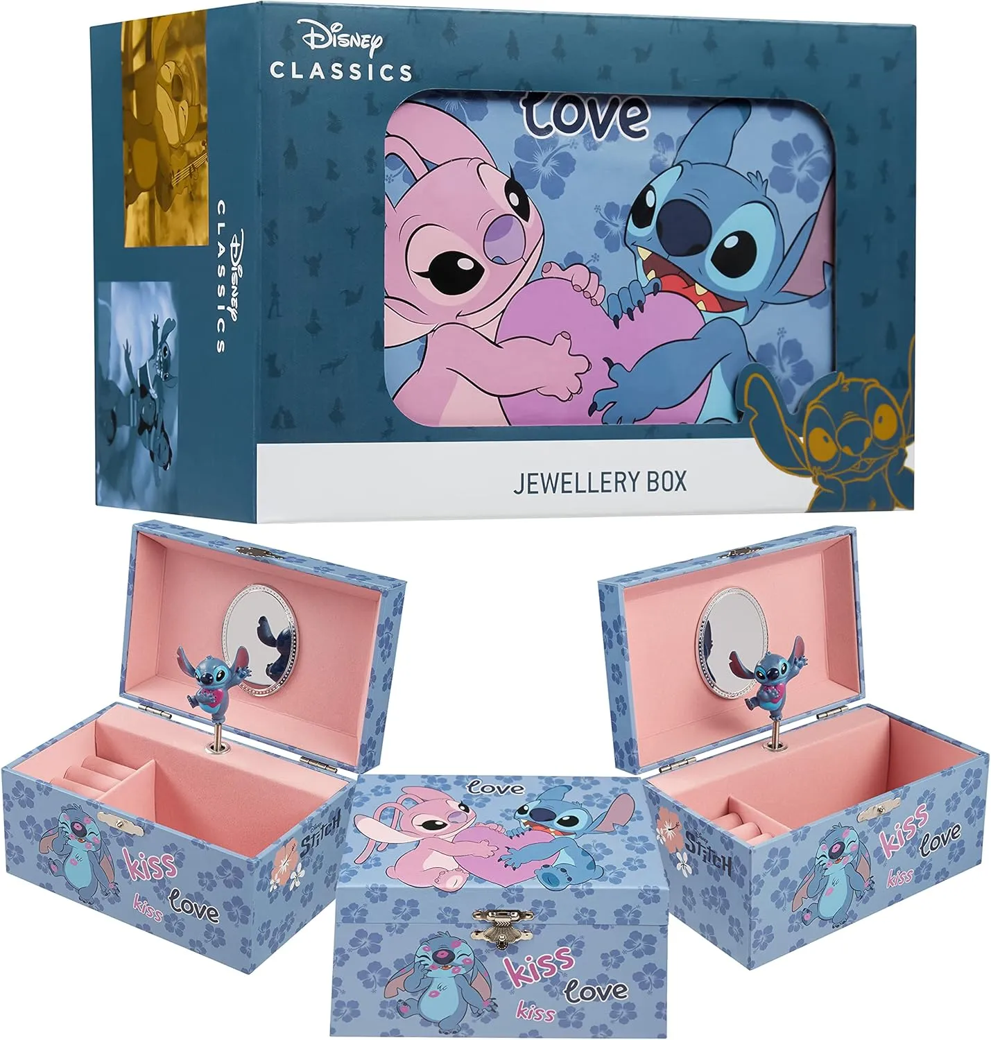 Disney Stitch Musical Jewelry Box for Girls, Cute Kids Jewelry Organizer with Wind Up Musical Feature and Ring Slots - Angel & Stitch Gifts for Girls
