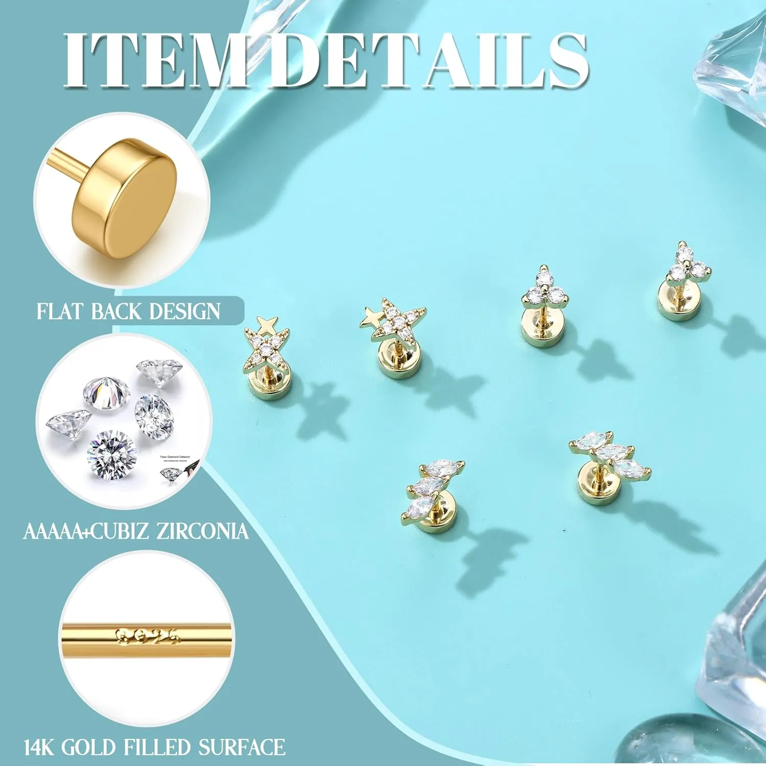 Dochais Flat Back Stud Earrings for Women and Men, Hypoallergenic 14k Gold Plated 925 Sterling Silver Post Stud Earrings Set, Gold and Silver Earrings with Screw for Sensitive Ears, Ideal for Helix, Tragus, and Cartilage Piercings