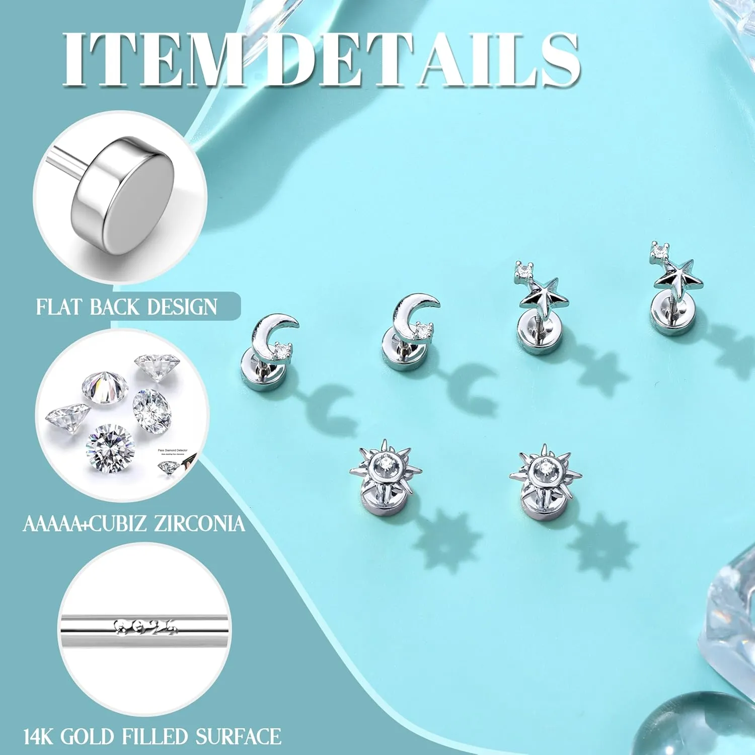 Dochais Flat Back Stud Earrings for Women and Men, Hypoallergenic 14k Gold Plated 925 Sterling Silver Post Stud Earrings Set, Gold and Silver Earrings with Screw for Sensitive Ears, Ideal for Helix, Tragus, and Cartilage Piercings