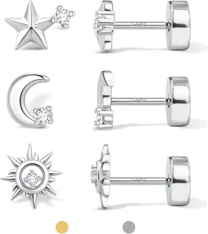 Dochais Flat Back Stud Earrings for Women and Men, Hypoallergenic 14k Gold Plated 925 Sterling Silver Post Stud Earrings Set, Gold and Silver Earrings with Screw for Sensitive Ears, Ideal for Helix, Tragus, and Cartilage Piercings