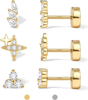 Dochais Flat Back Stud Earrings for Women and Men, Hypoallergenic 14k Gold Plated 925 Sterling Silver Post Stud Earrings Set, Gold and Silver Earrings with Screw for Sensitive Ears, Ideal for Helix, Tragus, and Cartilage Piercings