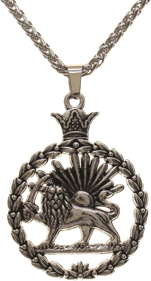 Double Sided Lion and Sun Persian Shir khorshid Pahlavi Wreath Pendant Necklace With Chain Vintage Style