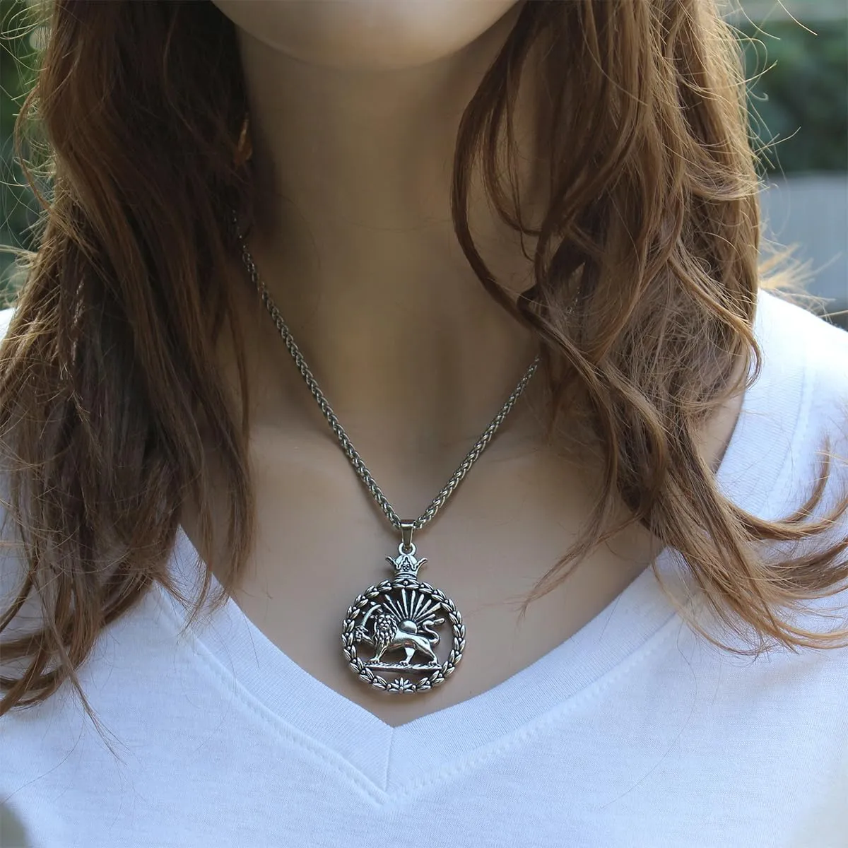 Double Sided Lion and Sun Persian Shir khorshid Pahlavi Wreath Pendant Necklace With Chain Vintage Style