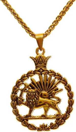 Double Sided Lion and Sun Persian Shir khorshid Pahlavi Wreath Pendant Necklace With Chain Vintage Style