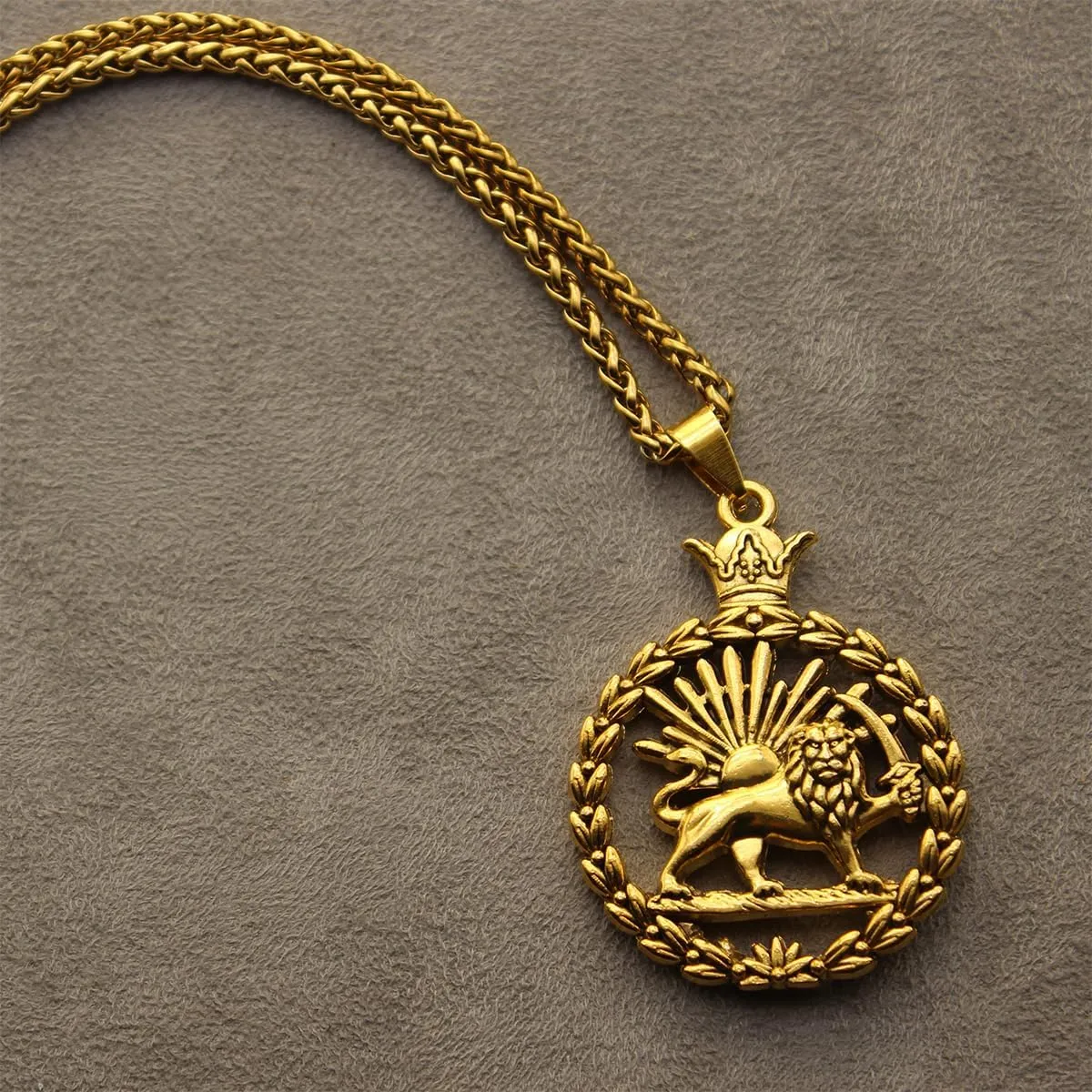 Double Sided Lion and Sun Persian Shir khorshid Pahlavi Wreath Pendant Necklace With Chain Vintage Style