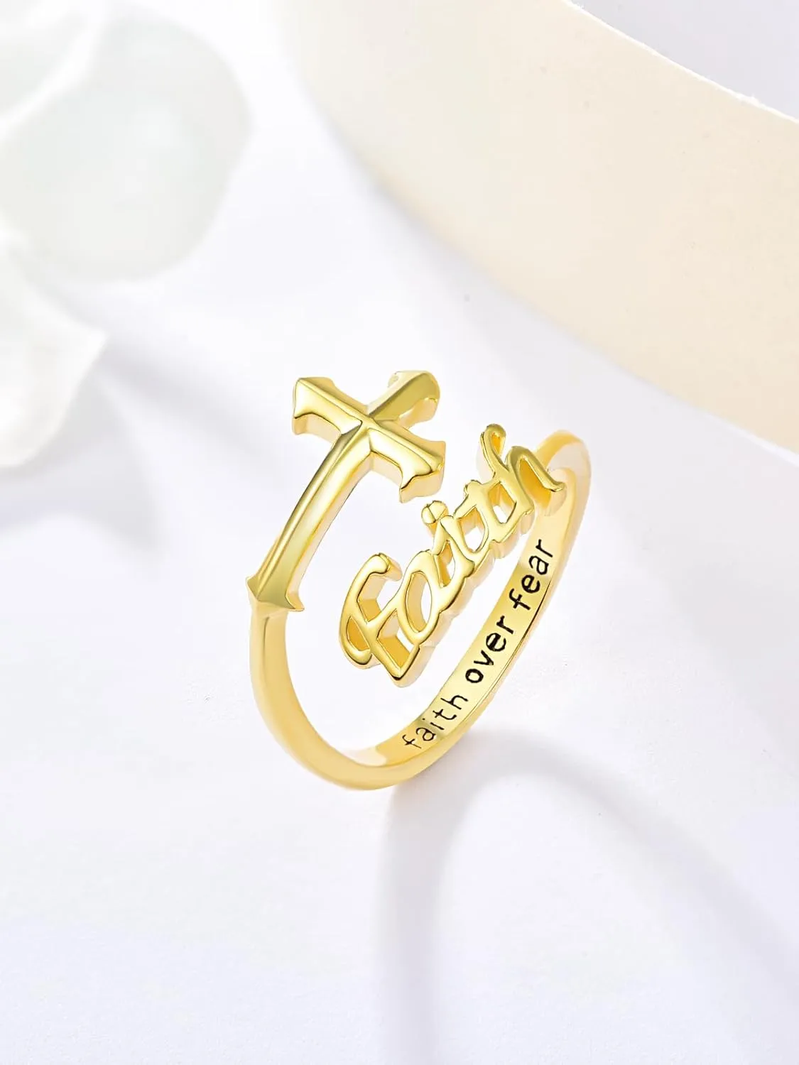 Dreamboat Sterling Silver Cross Rings for Women Faith Ring Crucifix Faith Over Fear Ring Christian Confirmation Catholic Religious Jewelry